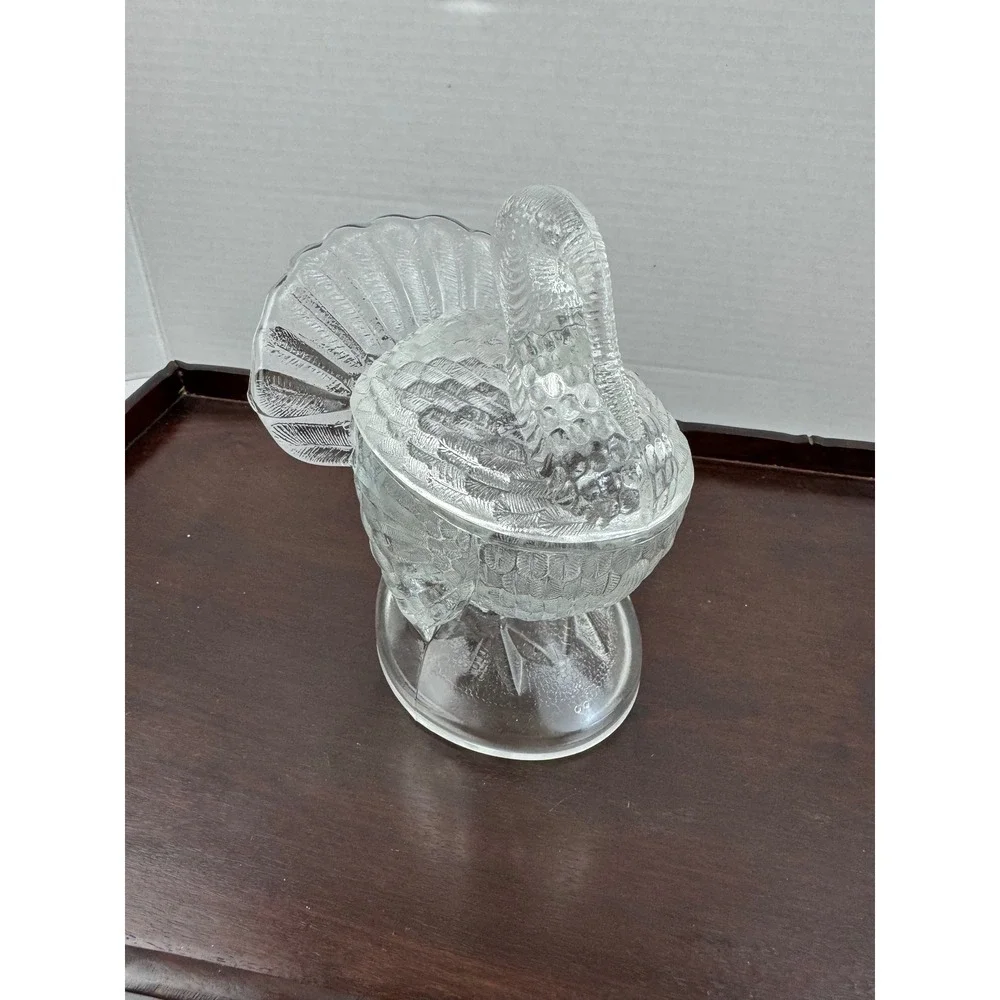 Vintage Clear Pressed Glass Turkey Candy Dish Thanksgiving Pedestal Decor Lidded